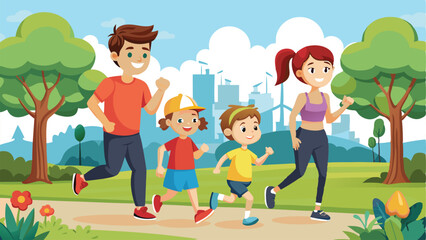 Family Running Together in a Park with City Skyline and Lush Trees Background