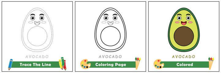 trace and color for kids, coloring book for kids, avocado kawaii vector.
