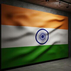 India Flag Displayed on a Large Canvas in a Dark Room, Illuminated by Spotlights: A Stunning Visual Representation of Indian Patriotism