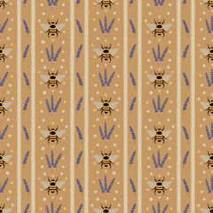 Seamless pattern with bee, lavender bundle, scalloped stripe, and flower. Country-inspired vintage design with charming details. Perfect for fabric, wallpaper, wrapping, stationery, and packaging.