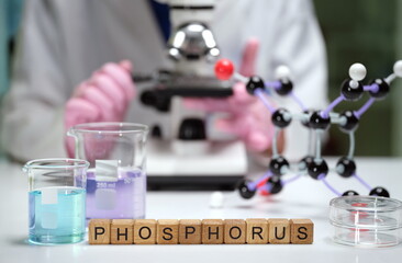 The microscope, various phosphorus models, and chemical solutions vividly depict ongoing laboratory...