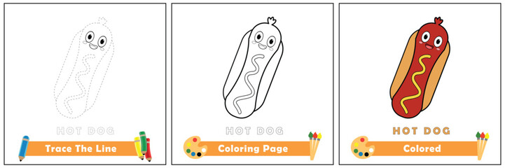 trace and color for kids, coloring book for kids, hot dog kawaii vector.