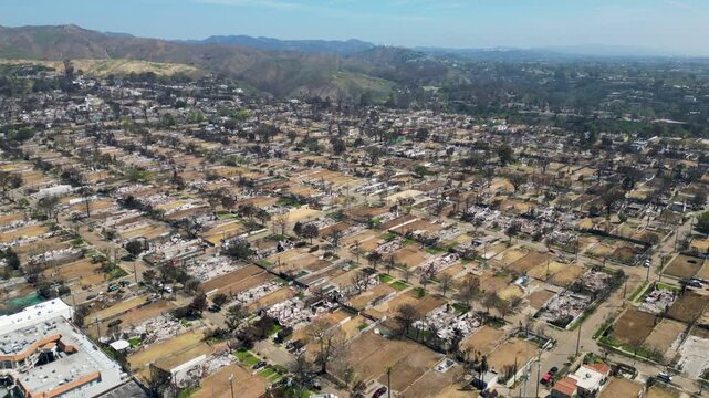 Aerial of ruined residentials after the Pacific Palisades Fire