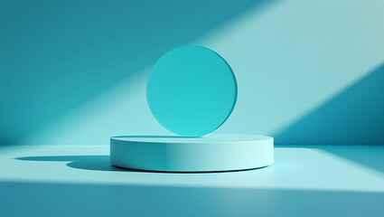 Minimalist turquoise product display featuring a podium and circular design with shadows
