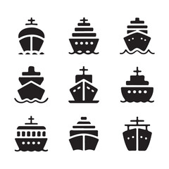 A collection of black and white silhouettes of different types of ships, including cargo ships, cruise liners, and possibly warships.