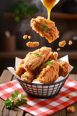Golden Fried Chicken Delight: A mouthwatering display of crispy, golden-fried chicken wings, artfully arranged in a basket, with flavorful sauce being drizzled on top.