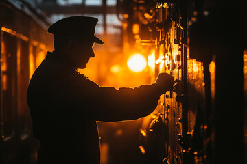Silhouette of a train conductor pulling the lever of an old locomotive
