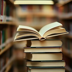Fototapeta premium Photo of an Open Book on Stack of Books in a Library with Blurred Shelves in Background