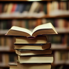 Fototapeta premium Photo of an Open Book on Stack of Books in a Library with Blurred Shelves in Background