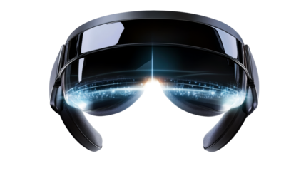 Augmented reality headset displaying digital environment, cut out transparent