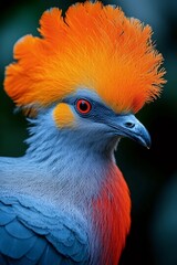 Majestic Crowned Pigeon's Splendor: An exquisite Crowned Pigeon with a vibrant, eye-catching orange crest. The pigeon showcases its unique beauty, striking features and an engaging gaze.