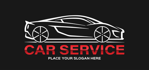Fototapeta premium Modern vector car logo for auto service. Sleek sports car silhouette on black background. Editable and scalable vector graphics.
