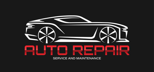 Fototapeta premium Modern vector car logo for auto repair shop. Sleek sports car silhouette on black background. Editable and scalable vector graphics.
