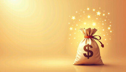 Magic Money Bag with Dollar Sign and Sparkling Stars on Golden Background for Finance Blogs, Wealth Management, Fortune Themes, and Inspirational Content