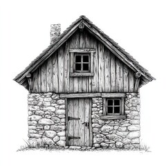 Obraz premium A rustic stone and wood cabin stands alone against a white background.