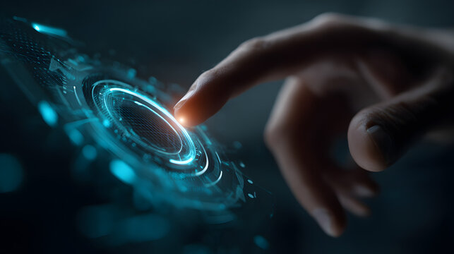 Digital Touch: Close-up of a finger interacting with a futuristic digital interface, highlighting the seamless connection between human touch and technological innovation.