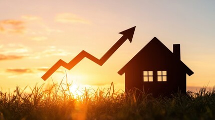 House Price Increase: Silhouette of a house with an upward arrow indicating rising house prices against a beautiful sunset background.
