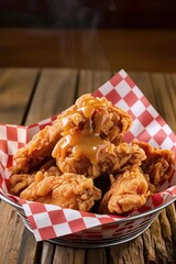 Golden Fried Chicken Delight: A tantalizing basket of crispy, golden-brown fried chicken, drizzled with a savory sauce. Perfect for any culinary needs.