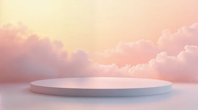 Floating White Podium Above Clouds in Sunset Sky
