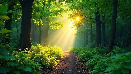 Obraz premium Sun-dappled forest path winds through lush greenery, sunlight filtering through leaves to illuminate a mystical scene Perfect for travel, nature, and fantasy themes , nature, exploration, enchanted