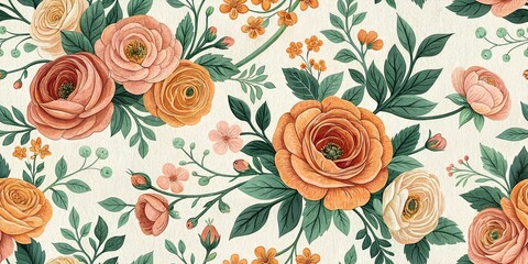 Seamless pattern of tiny ranunculus blossoms  romantic vintage fabric look