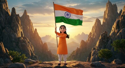Young Girl Holding Indian Flag Atop Majestic Mountains at Sunset: A Patriotism Scene