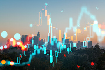 Los Angeles skyline overlaid with futuristic holographic graphs, double exposure effect, dawn light. Technology and urban concept. Double exposure