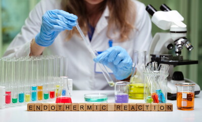 Fototapeta premium A scientist carefully conducts an intricate endothermic reaction experiment using various chemicals inside a lab