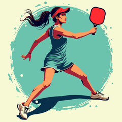 Female athlete swinging paddle in pickleball game. Powerful sports action vector illustration