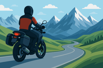 Motorcyclist on winding mountain road. Scenic vector artwork with panoramic background