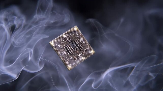 Advanced microchip technology highlighted by a neuromorphic chiplet suspended in swirling nitrogen fog, emphasizing its delicate nature and cutting edge design