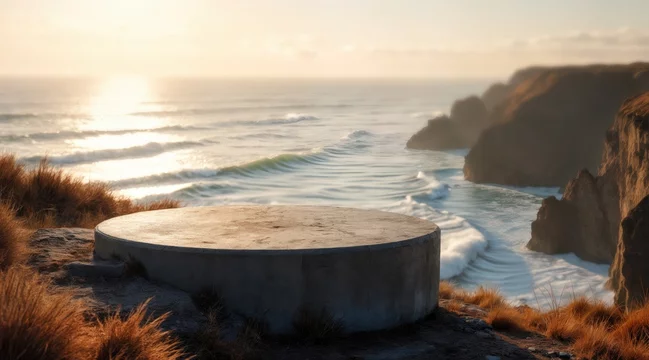 Concrete Podium Overlooking Cliffside Ocean at Golden Hour