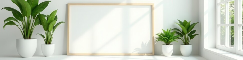 Bright white room, empty art frame, green plants , wall, botanicals, interior