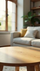 Fototapeta premium Clean, light wood table, bokeh modern living room background, wooden, decor, blur
