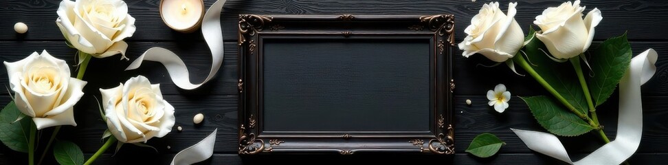Elegant white roses, ribbon, candle & frame on dark wood Black background , sympathy, wood, candle