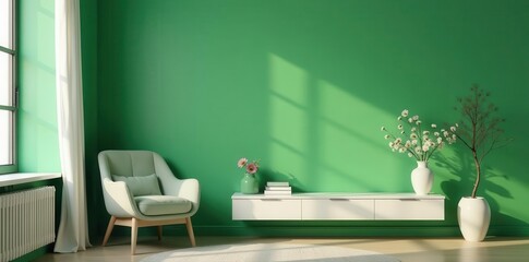 Muted green living room, simple shelf, floral vase, empty space , accessories, home