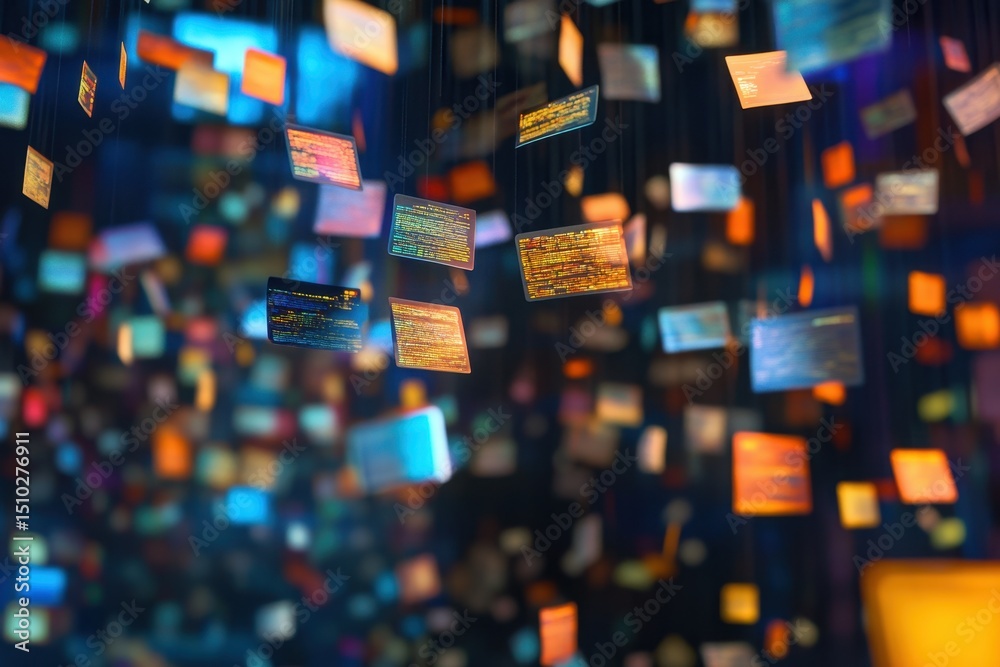 Poster digital data cascade: abstract digital data particles, bathed in a spectrum of colors, hang in mid-a