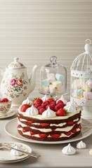 Delicious Chocolate Strawberry Cake with Meringues Tea Party Dessert
