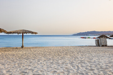Beach in Eilat. Southern and famous tourist resort city of Israel. Holidays in Israel.