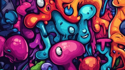 Obraz premium Vibrant Doodle Chaos: A playful explosion of colorful, abstract doodle characters, each unique and expressive, creating a dynamic and energetic visual experience.
