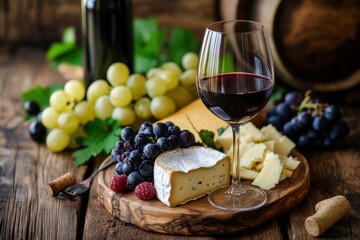 Cheese platter with wine and grapes