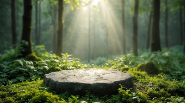Natural Slab Platform Surrounded by Ferns and Light Rays
