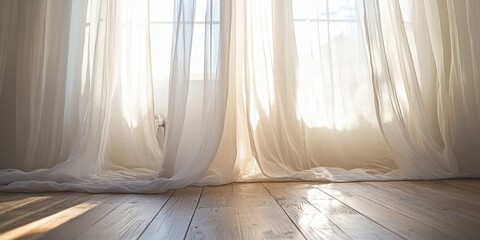 Sunlit Serenity: Soft, sheer curtains billow gently in the breeze, casting a warm, inviting glow across a rustic wooden floor, creating a tranquil atmosphere of light and shadow.