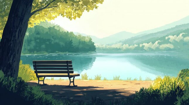 A view of a bench near a lake in the morning. 4K animated video
