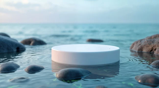 Seaweed and Stones Framing White Coastal Podium