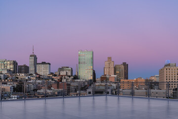Fototapeta premium Skyscrapers Cityscape Downtown, San Francisco Skyline Buildings. Beautiful Real Estate. Sunset. Empty rooftop View. Success concept.