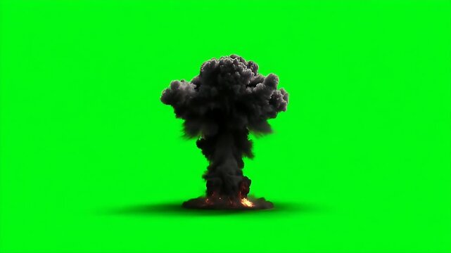 Nuclear bomb explosion with mushroom cloud on a green screen