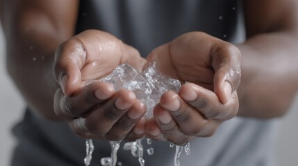 Hands holding clear ice cubes with water droplets in a minimalist setting