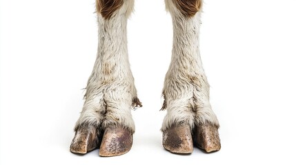 Close-up of two cow hooves, white and light brown, set against a pure white background