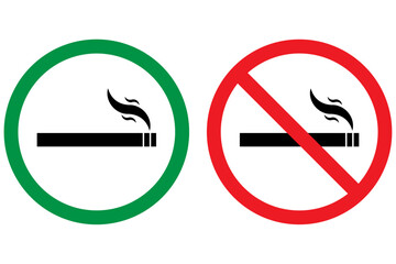 No smoking area and smoking area sign printable red and green colour. No smoking, ban. No smoking symbol. no smoke circle in red and green. Forbidden icon. stop symbol icon set